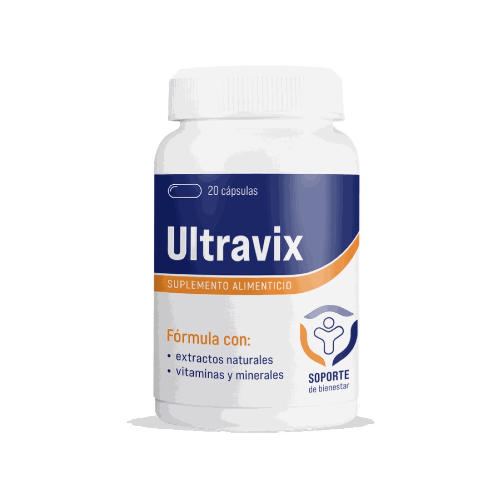 Frasco blanco con etiqueta azul de Ultravix