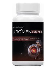 Бяла бутилка UROMEN balance с тъмен етикет и мъжки символ, таблетки