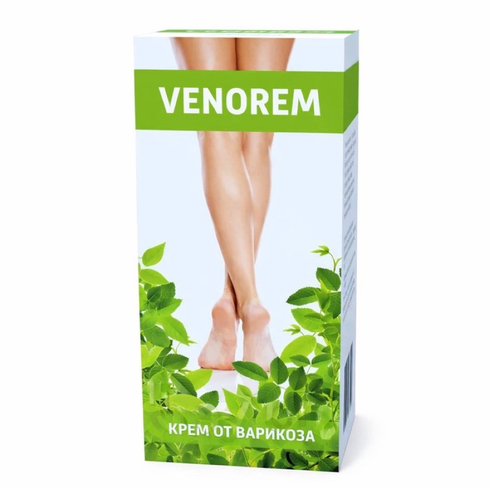 Venorem-ის ტუბი და მწვანე კოლოფი ფეხების ნახატით
