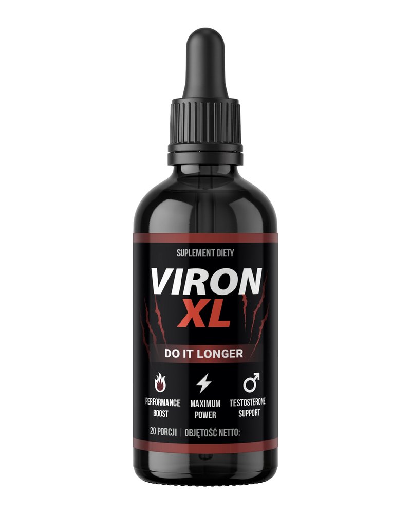 Viron XL, czarna szklana butelka z pipetą i czerwono-czarną etykietą, krople 100 ml
