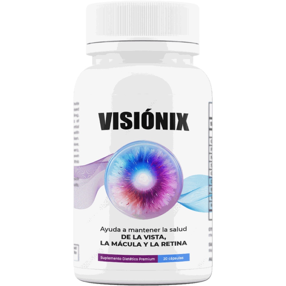 Caja y frasco de Visiónix con dibujo de ojo
