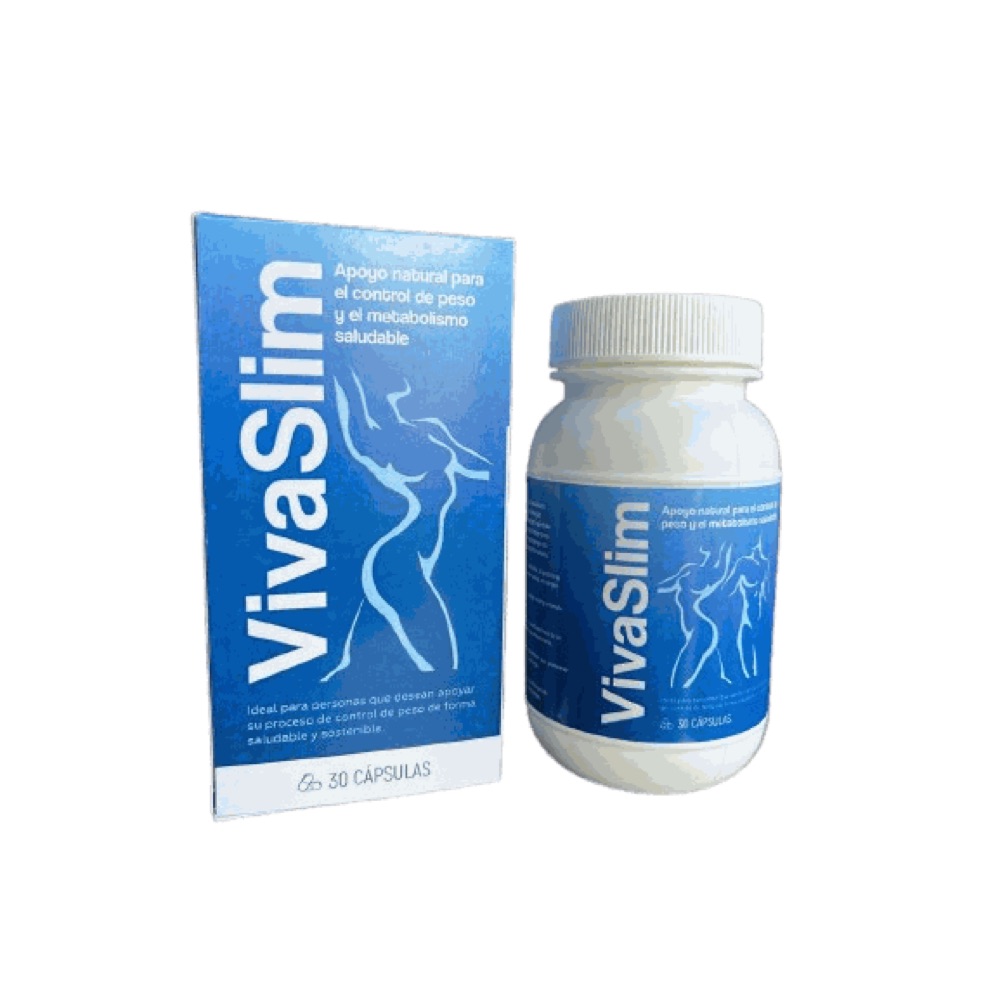 Frasco blanco y caja azul de VivaSlim